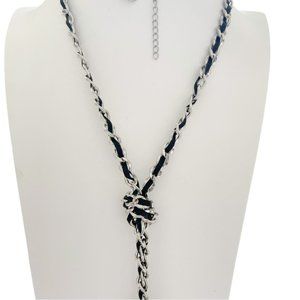 White House Black Market Silver and Black Ribbon with Pearl Tassel Necklace